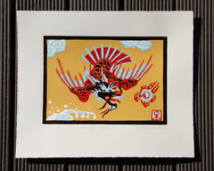 Limited Edition Print Signed Reduction Linocut Dragon Bird I
