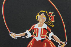 Limited Edition Print Signed Reduction Linocut Skipping Girl Night closeup