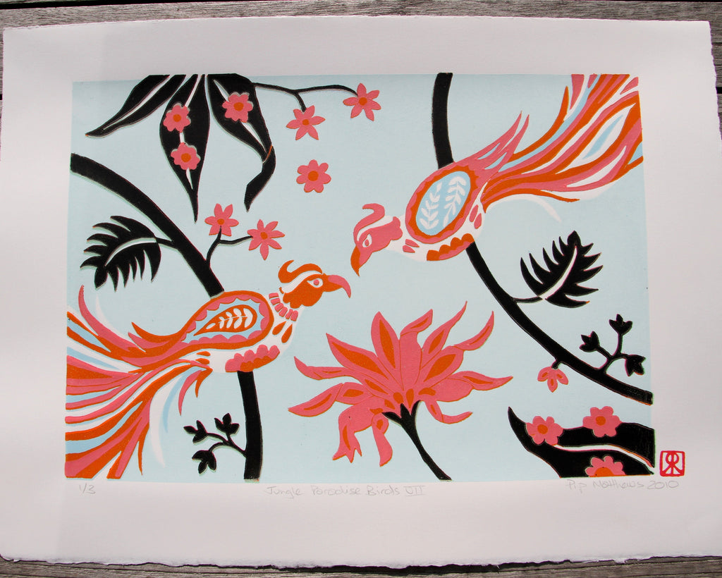 Limited Edition Print Signed Reduction Linocut Birds Jungle Flowers VII