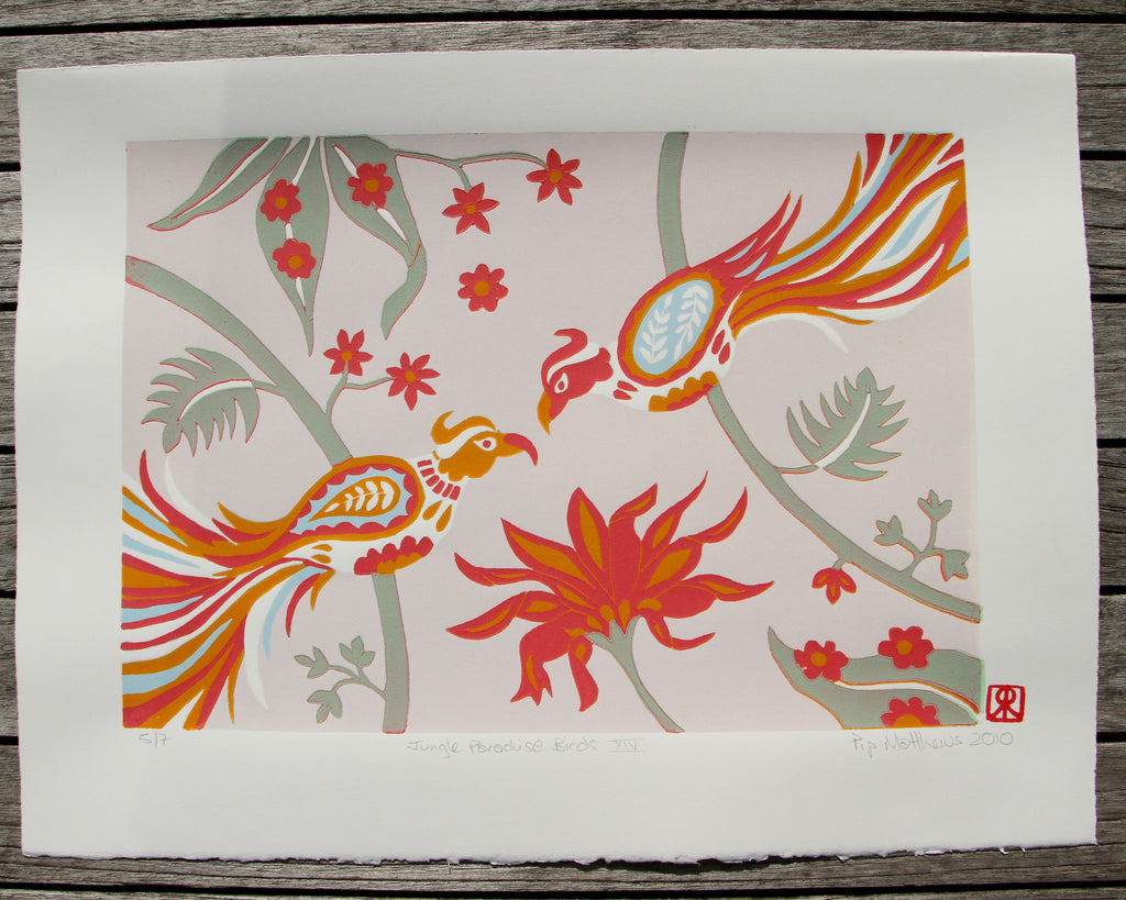 Limited Edition Print Signed Reduction Linocut Birds Jungle Flowers XIV Pip Matthews