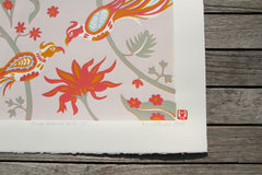 Limited Edition Print Signed Reduction Linocut Birds Jungle Flowers XIV Pip Matthews closeup