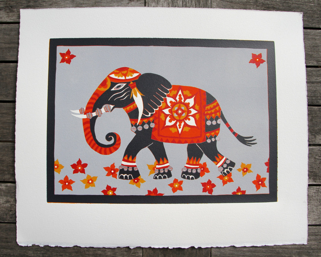 Limited Edition Print Signed Reduction Linocut Elephant I