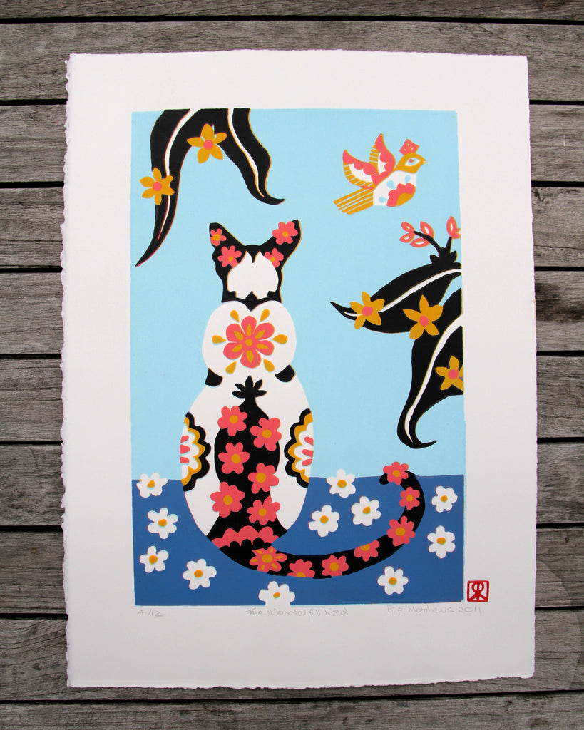 Limited Edition Print Signed Reduction Linocut Siamese Cat 