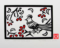 Limited Edition Hand Coloured Signed Print Linocut Bird